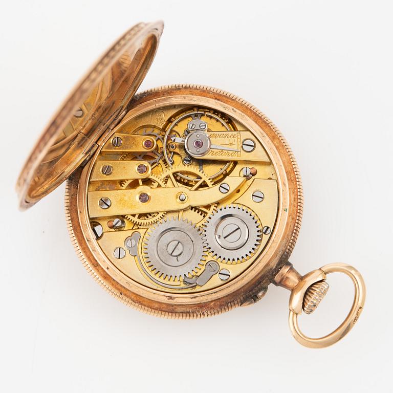 Pocket watch, 14K gold, chain in 14K gold, 32.5 grams.