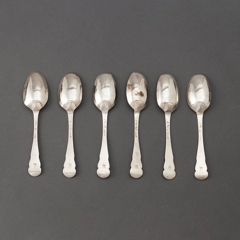 A set of six Swedish 18th century silver dinner-spoons, mark of Johan Leffler, Falun 1773.
