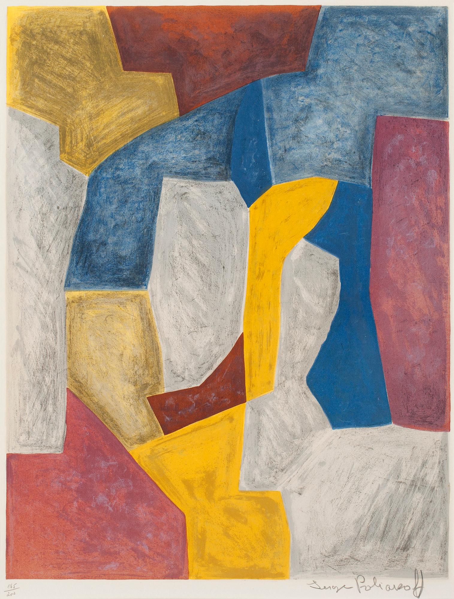 Serge Poliakoff, "Composition carmin, jaune, grise et bleu".