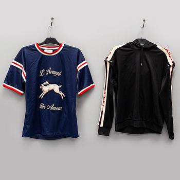 GUCCI, a polyester t-shirt and hoodie.