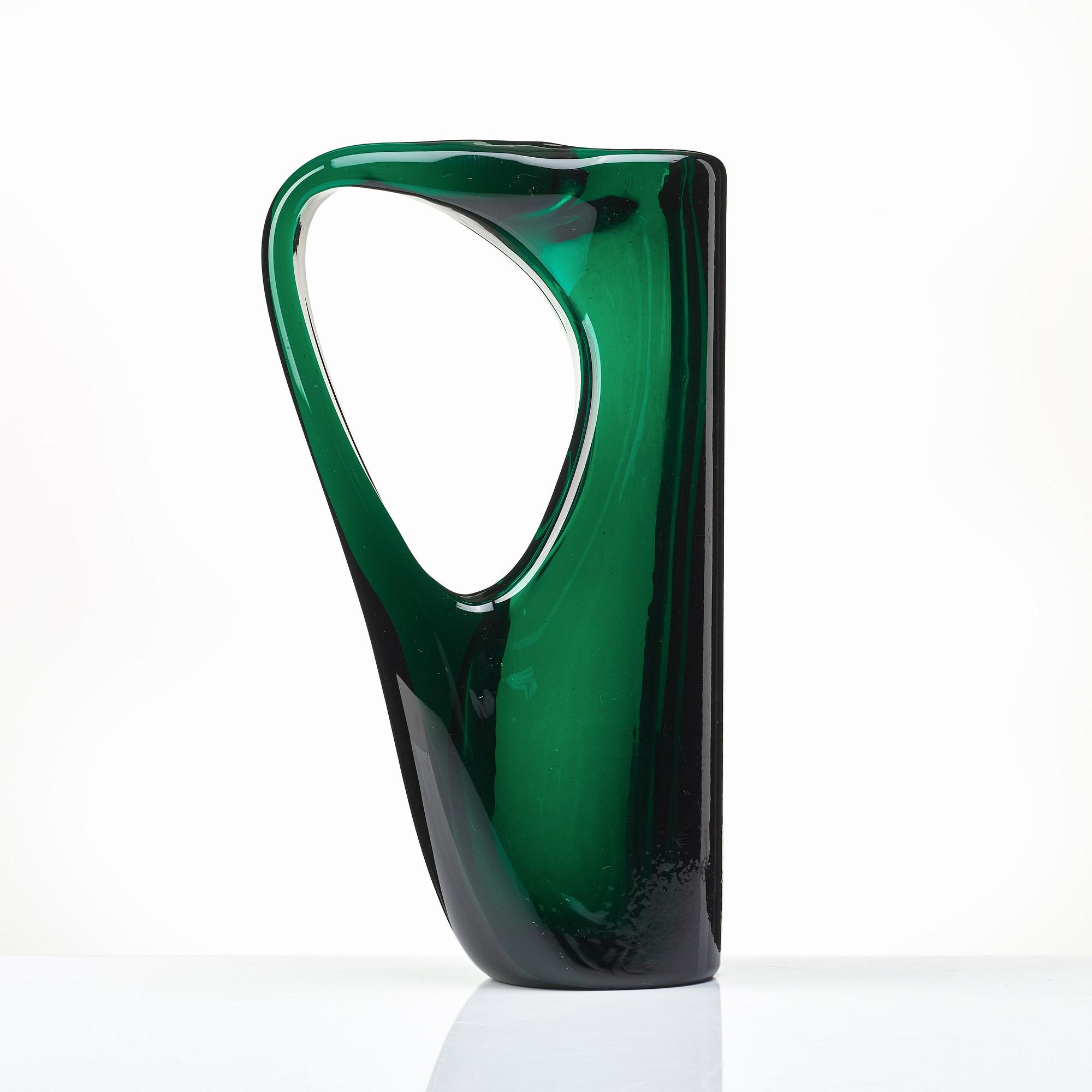 Giorgio Ferro, an oval, green glass vase, "Anse volante", A.VE.M (Arte Vetraria Muranese), Italy 1950's.