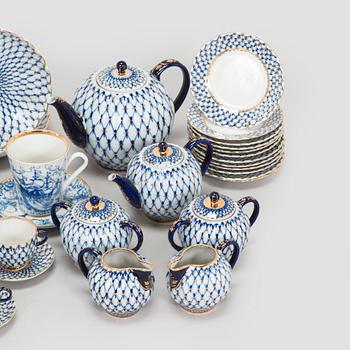 A  'Cobalt Net' porcelain coffee and tea service, Lomonosov, Soviet Union.