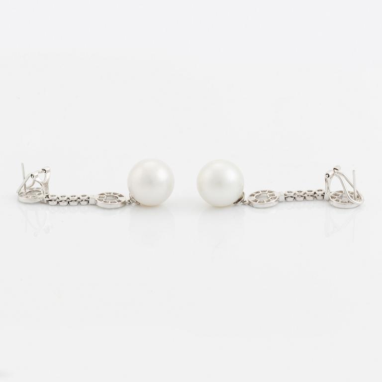 South sea pearl and brilliant cut diamond earrings.