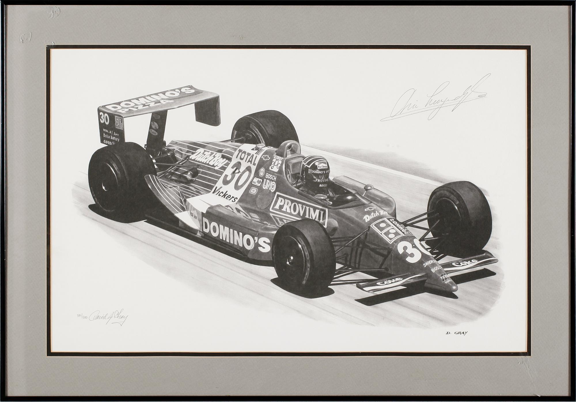 DAVID GRAY, 2 st, litografier, signerade samt med autografer bla Rick Mears, numrerade 100/500 resp 385/500.
