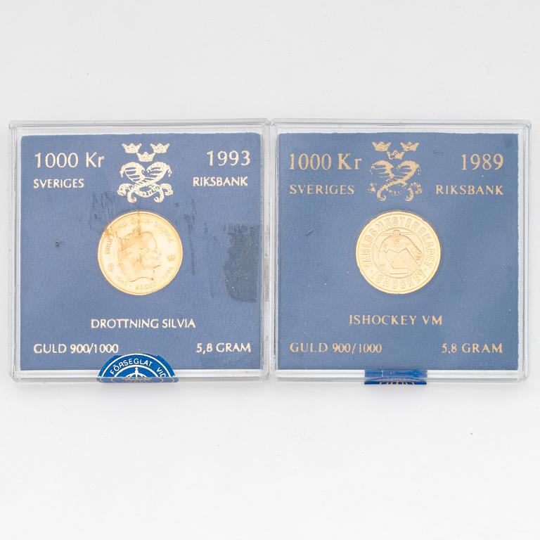 Two gold coins, 5,8 g + 5,8 g gold 900/1000.