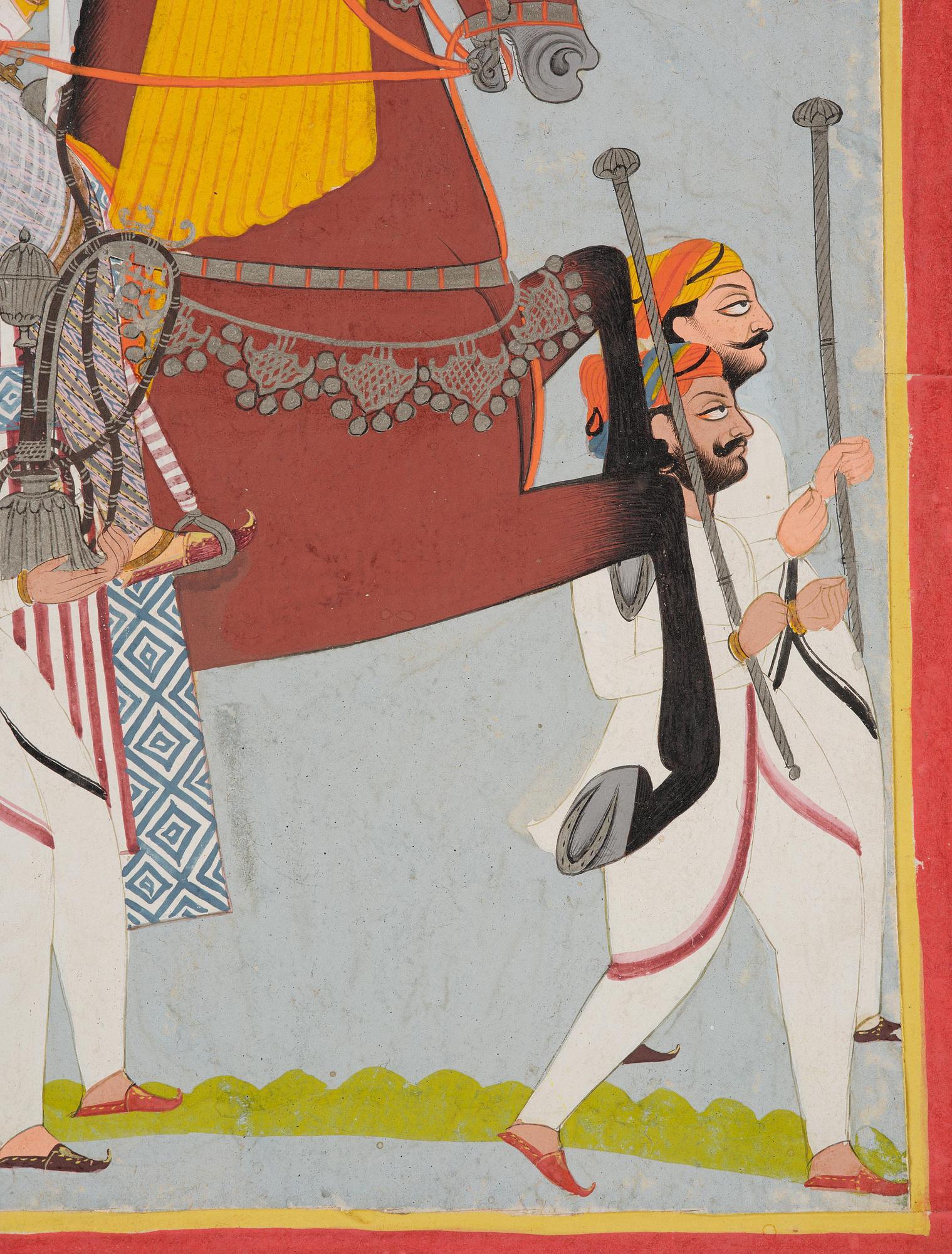 An equestrian portrait of a Rajput ruler with attendants, gouache, North India, Rajasthan, 19th century.