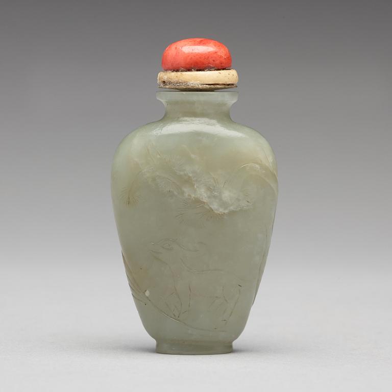 Three nephrite and agathe snuff bottles with stoppers, China and Tibet, late 19th Century.