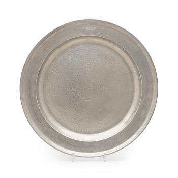 A pewter charger by M Beck 1741.