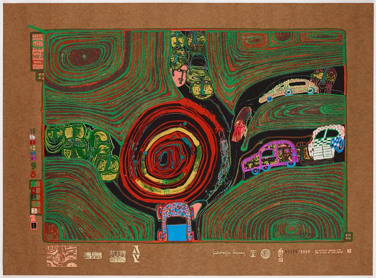 Friedensreich Hundertwasser, the complete portfolio comprising 10 silkscreens in colours with metallic imprints.