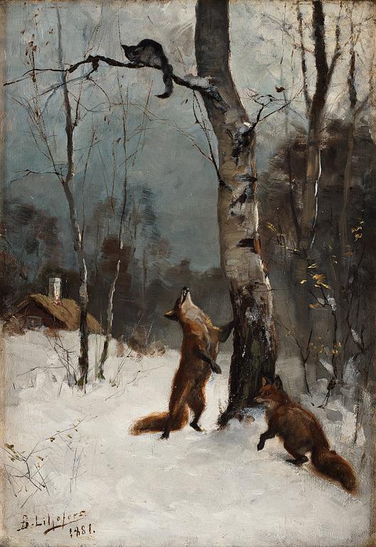 Bruno Liljefors, "Rävar och katt, vinterlandskap" (Foxes and cat, winter landscape).