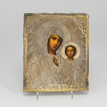 A Russian Icon with Mary and Jesus, ochlad/rizza in silver, Marked Moscow, 1860-tal.