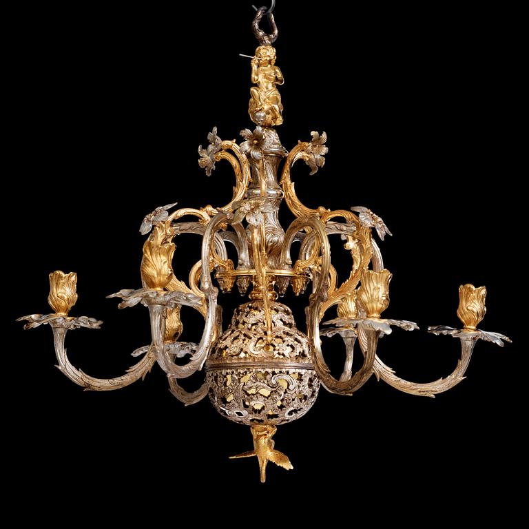 Carl Edberg's Masterpiece, a Swedish rococo silvered and gilt-brass six-light chandelier, circa 1755.