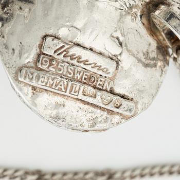 Theresia Hvorslev, bracelet, ring, pendant, earrings, 1 pair, sterling silver, chain, silver, Lidköping 1977, 1976, 1978 and 1973.