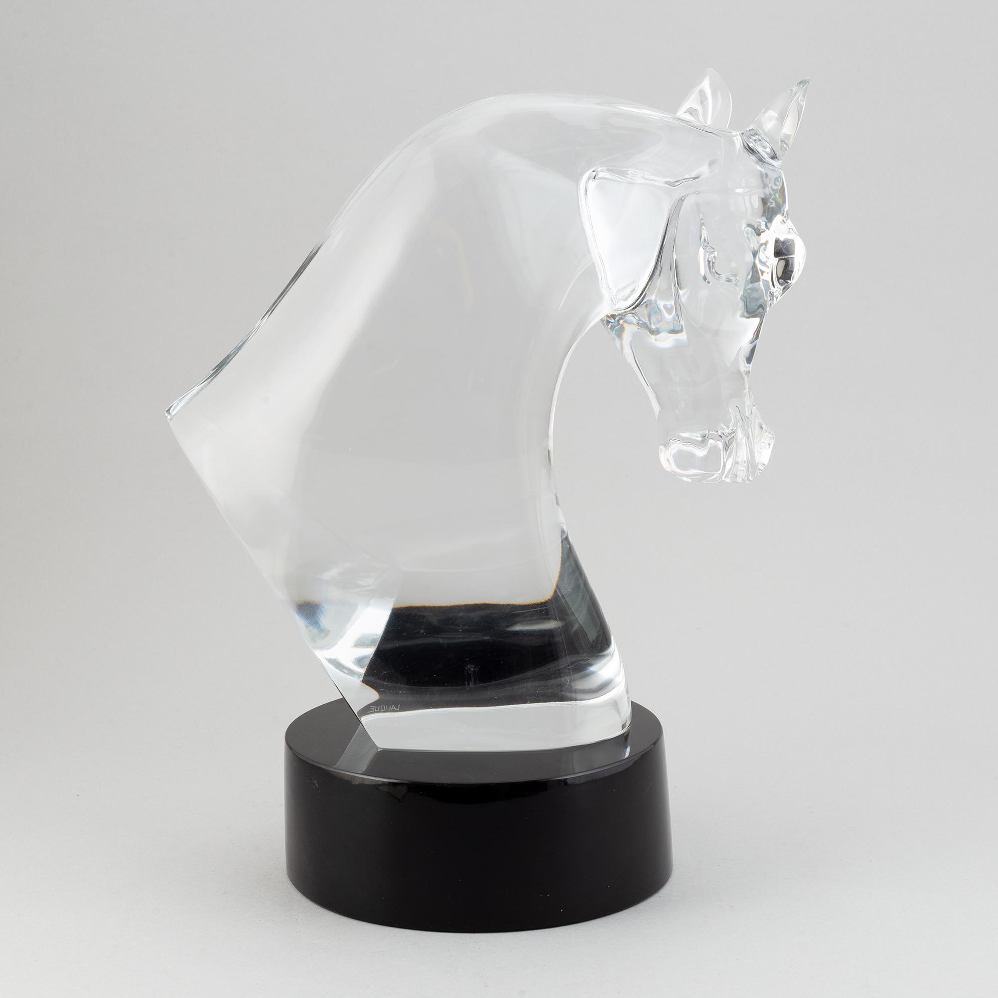 A Lalique Tête de Cheval Glass Horse Head Sculpture, signed.