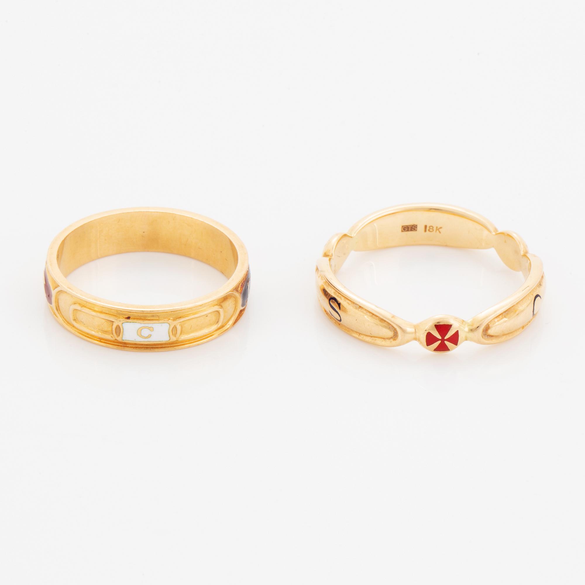 Two rings, 18K gold and enamel.