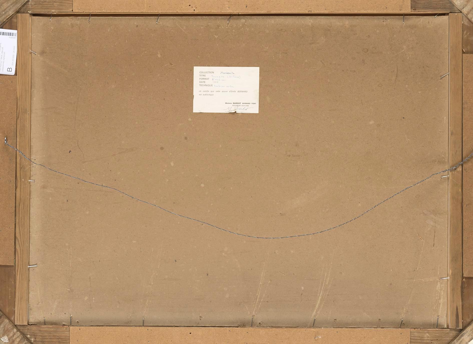 ÉMILE BERNARD. Olja på pappannå. Signerad Émile Bernard. Etikett á tergo med certifikat från Madame Bardot Bernard Fort,