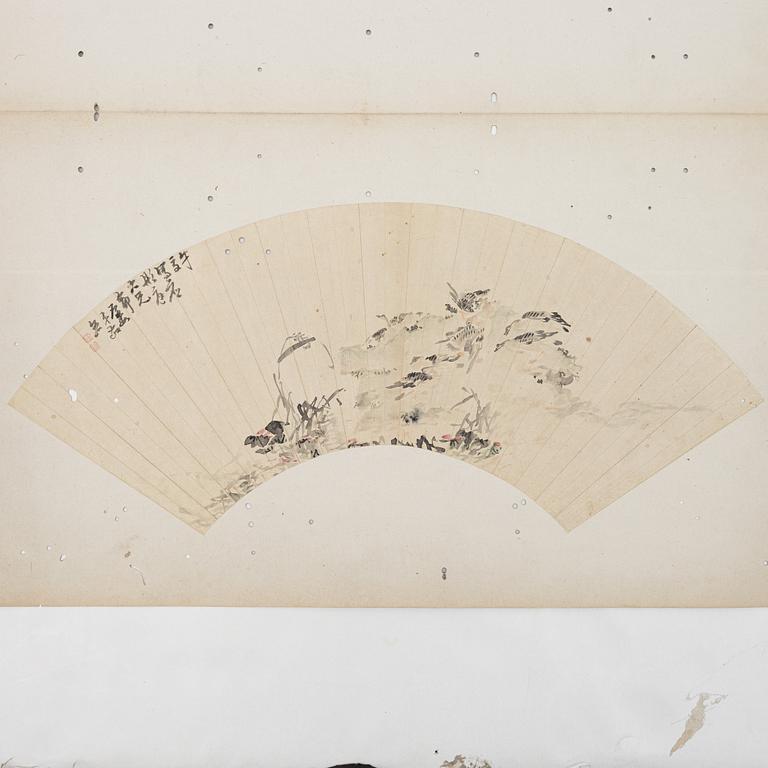 Oidentifierad konstnär, s.k. "Solfjädersmålning", Betande gäss, Kina, 1900-tal.