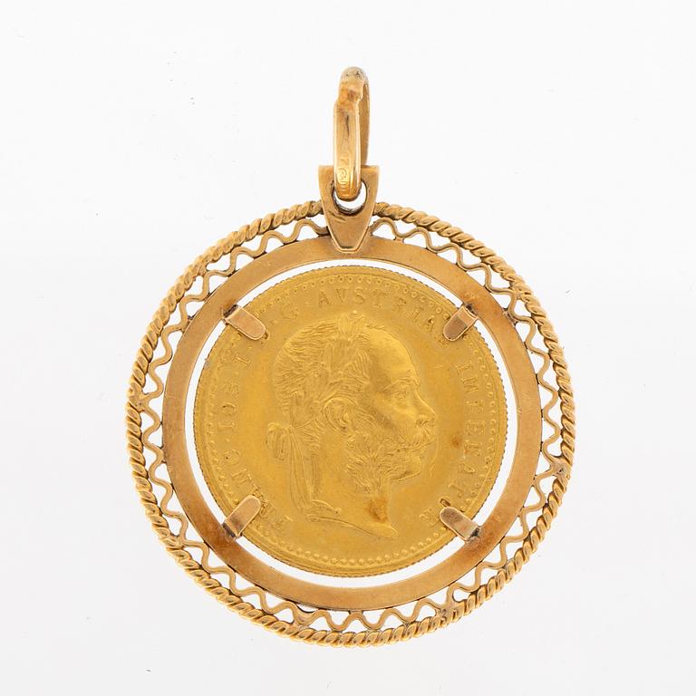 Coin of gold set in a pendant of 18K gold, Franz Joseph I Austria-Hungary 1915.