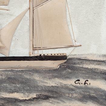 OKÄND KONSTNÄR, olja med collage på pannå, monogramsign, 1900-talets början.