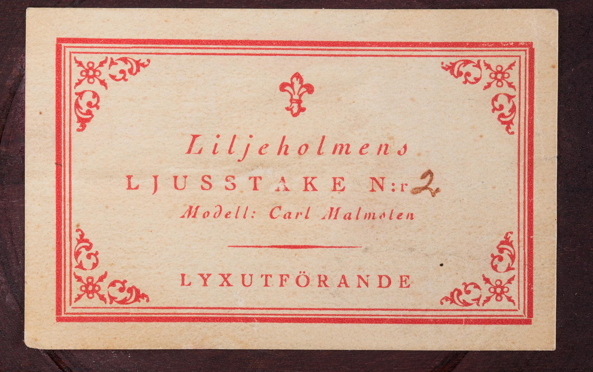 LJUSSTAKAR, 2+2+1 st, "Liljeholmens ljusstake No 2, 11 resp 13", Carl Malmsten, etikettmärkta.