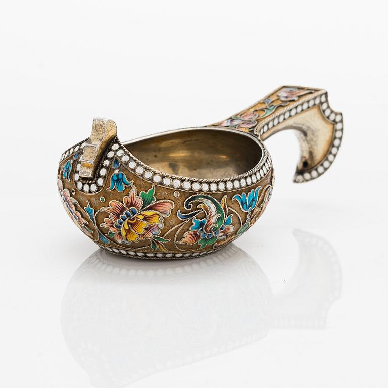 A Russian shaded cloisonné enamelled and gilt silver kovsh, mark of Vasily Andreyev, Moscow 1899-1908.