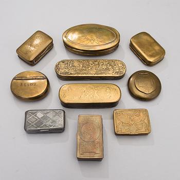 Ten 19th century snuff boxes, one from the 18th century. Sweden, Finland, Holland.