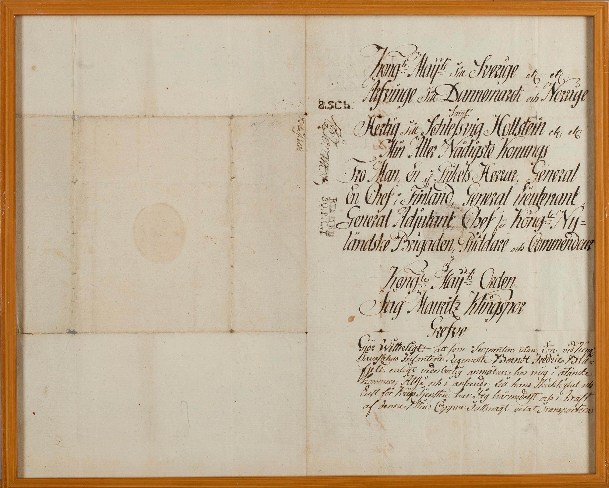 ADLIG OFFICERSFULLMAKT, undertecknad av Mauritz Klingspor, daterad Helsingfors 1802.