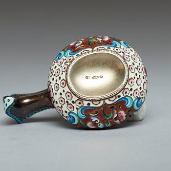 A Russian 20th century silver-gilt and enamel kovsh, unidentified makers mark, Moscow 1908-1917.