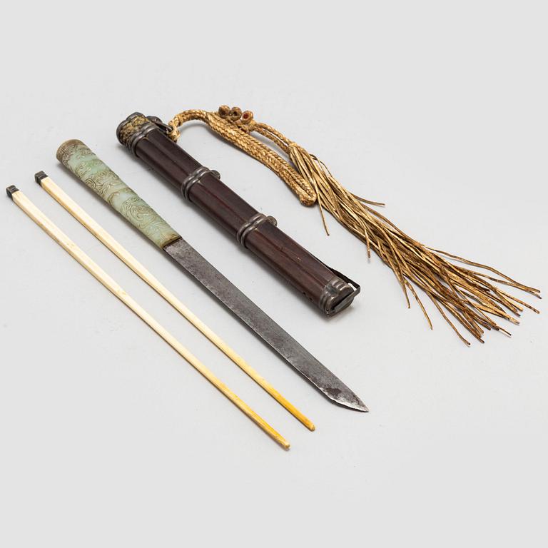 A knife and chopsticks in a scabbard, late Qing dynasty.