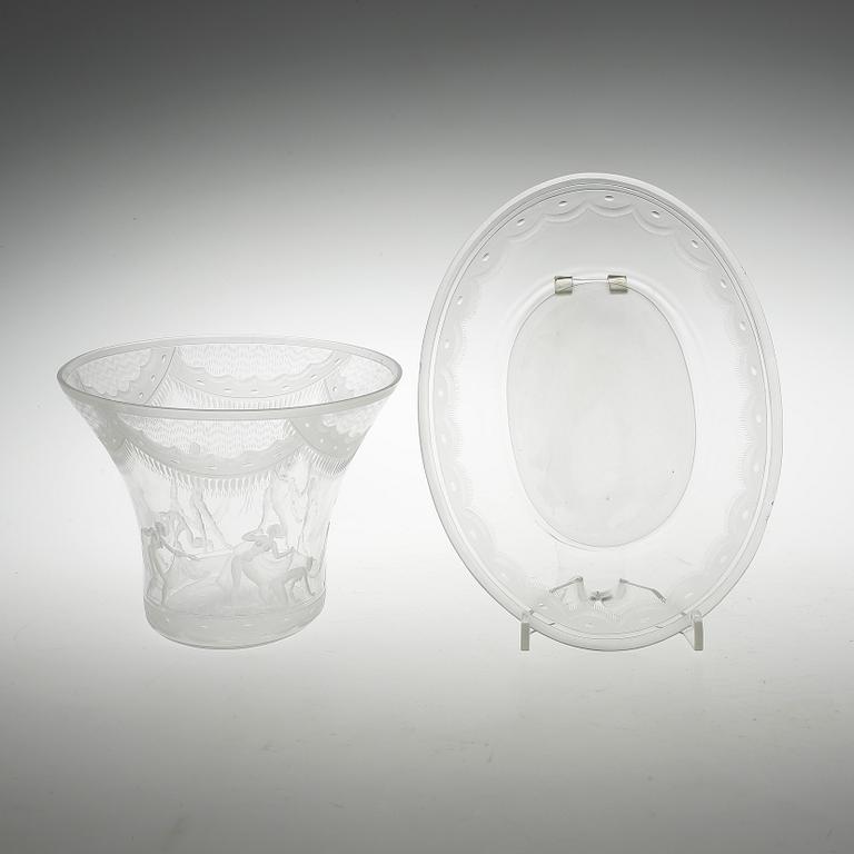SKÅL samt FAT, glas, Simon Gate, "Slöjdansen", Orrefors, 1920-tal.
