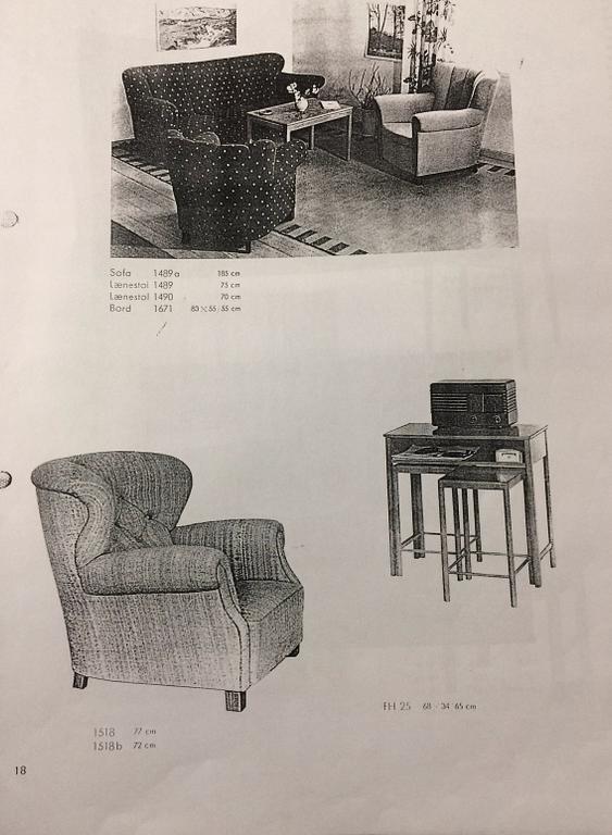 Fritz Hansen, a pair of Fritz Hansen easy chairs, model 1518 B, 1940's.