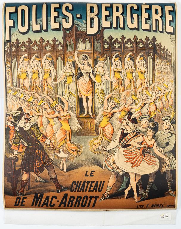 Litografisk affisch, "Folies-Bergère", Lith. F. Appel, Paris, Frankrike, 1887.