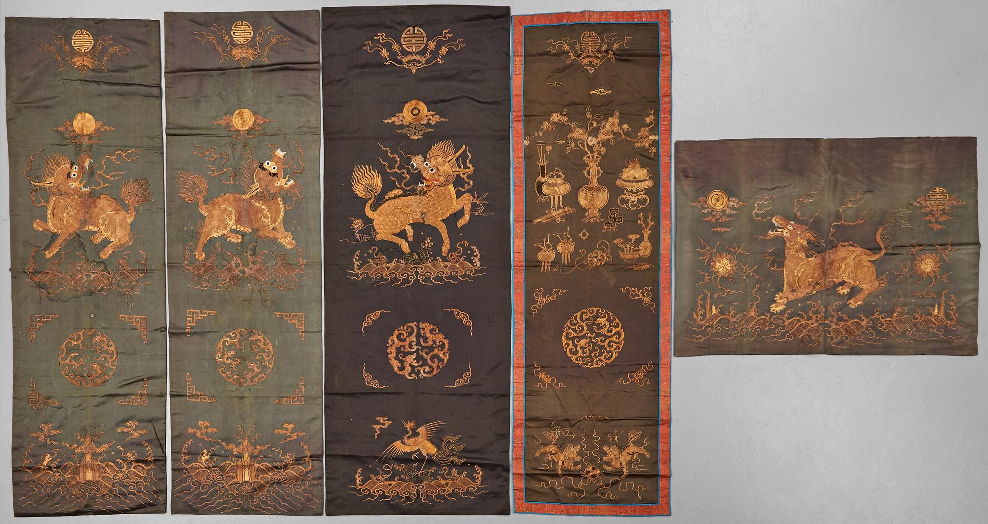 A set of five embroidered silk panels/chair covers, Qing dynasty (1644-1912).
