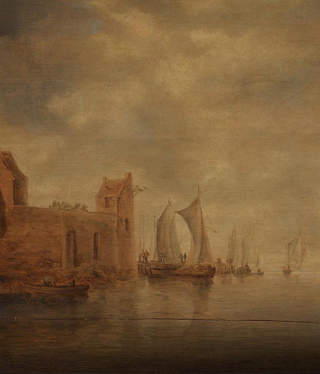 Frans de Hulst, circle of, Coastal town with boats and figure group.