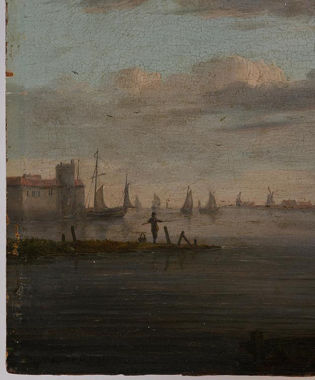 Marten Jacobus Waefelaerts, A river landscape with boats, figures, a castle and a town beyond.