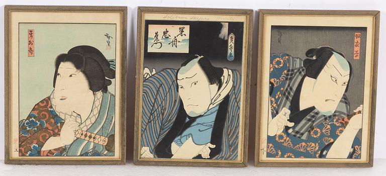 Woodblock prints, including Sadamasu II Gochotei and Konishi Hirosada, portraits of kabuki actors.