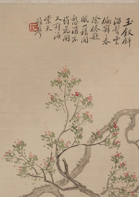 MÅLNINGAR, fyra stycken, akvarell och tusch på silke, sen Qingdynasti, attibuerad till Pan Zhenyong (1852-1921).