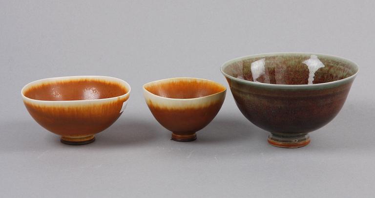 SKÅLAR, 3 st, stengods, Berndt Friberg, Gustavsberg.
