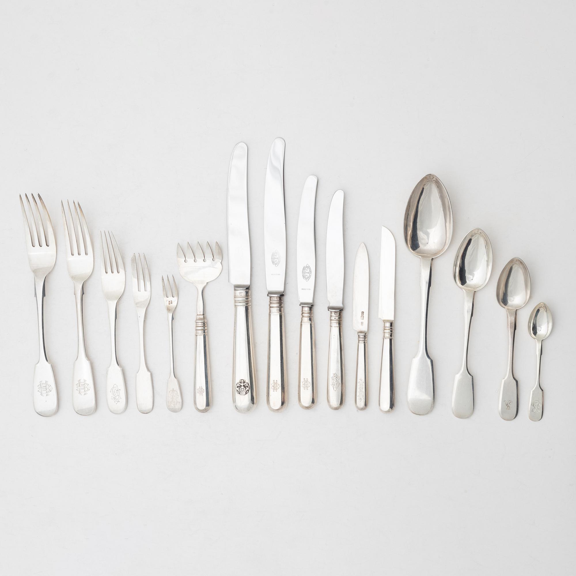 Cutlery set, 88 pieces, silver, mostly Russia, Estonia, including mark of Pawel Akimow Owtschinnikow, Moscow 1874.