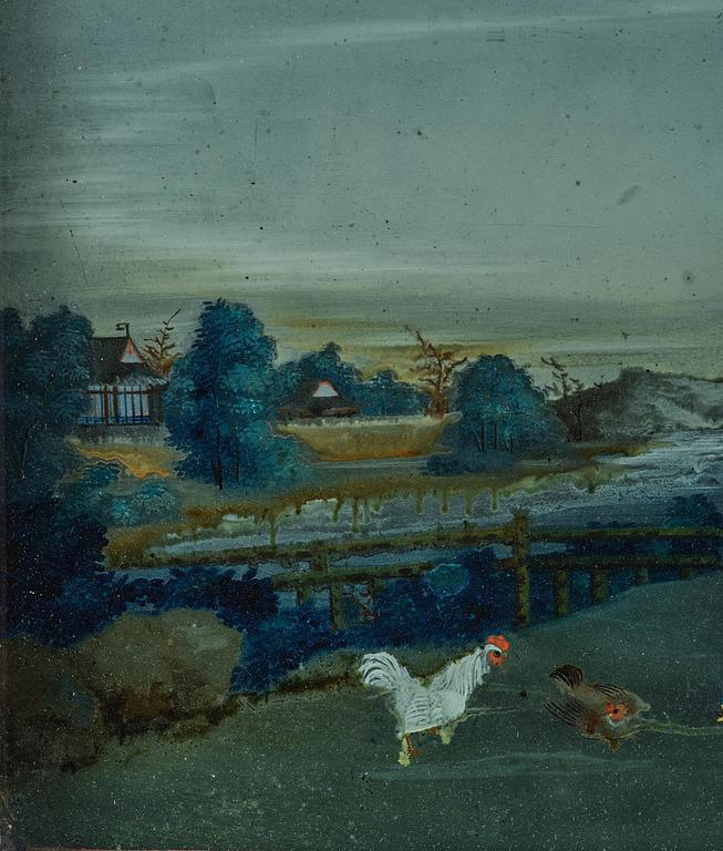 A Chinese reverse glass painting, Qing dynasty, 18th century.