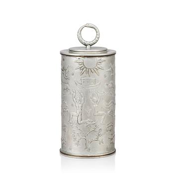 Nils Fougstedt, a lidded pewter jar decorated with the garden of Eden, Svenskt Tenn  Sweden 1930.