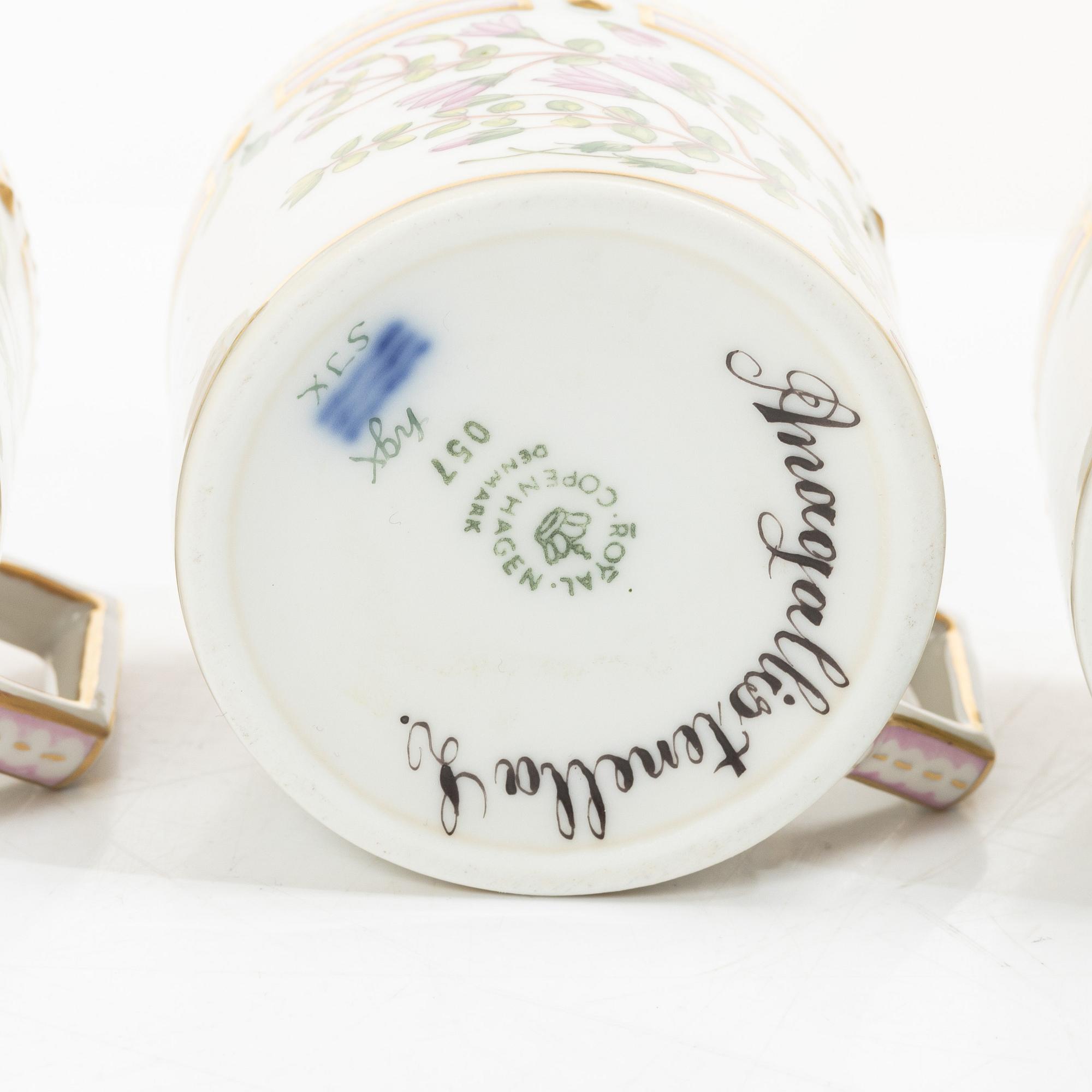 Royal Copenhagen, seven mocka cups with saucers, 'Flora Danica', Denmark.