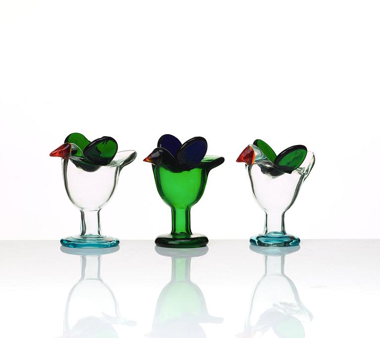 Oiva Toikka, skulpturer, 3 st "Sieppo / Flugsnappare", Nuutajärvi Notsjö, Finland.