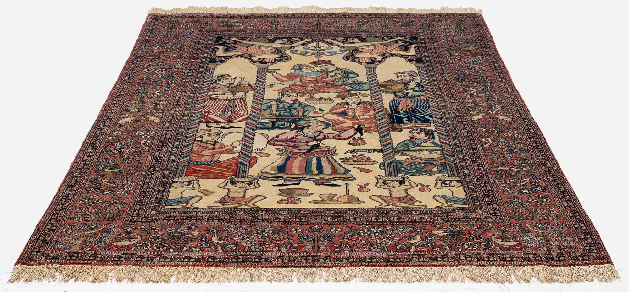 An antique pictoral Isfahan carpet, Central Persia, "Yusuf & Zuleika", c. 208 x 142 cm.