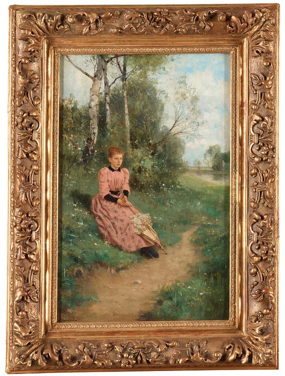 Louis Lang, Forest scene with young woman.