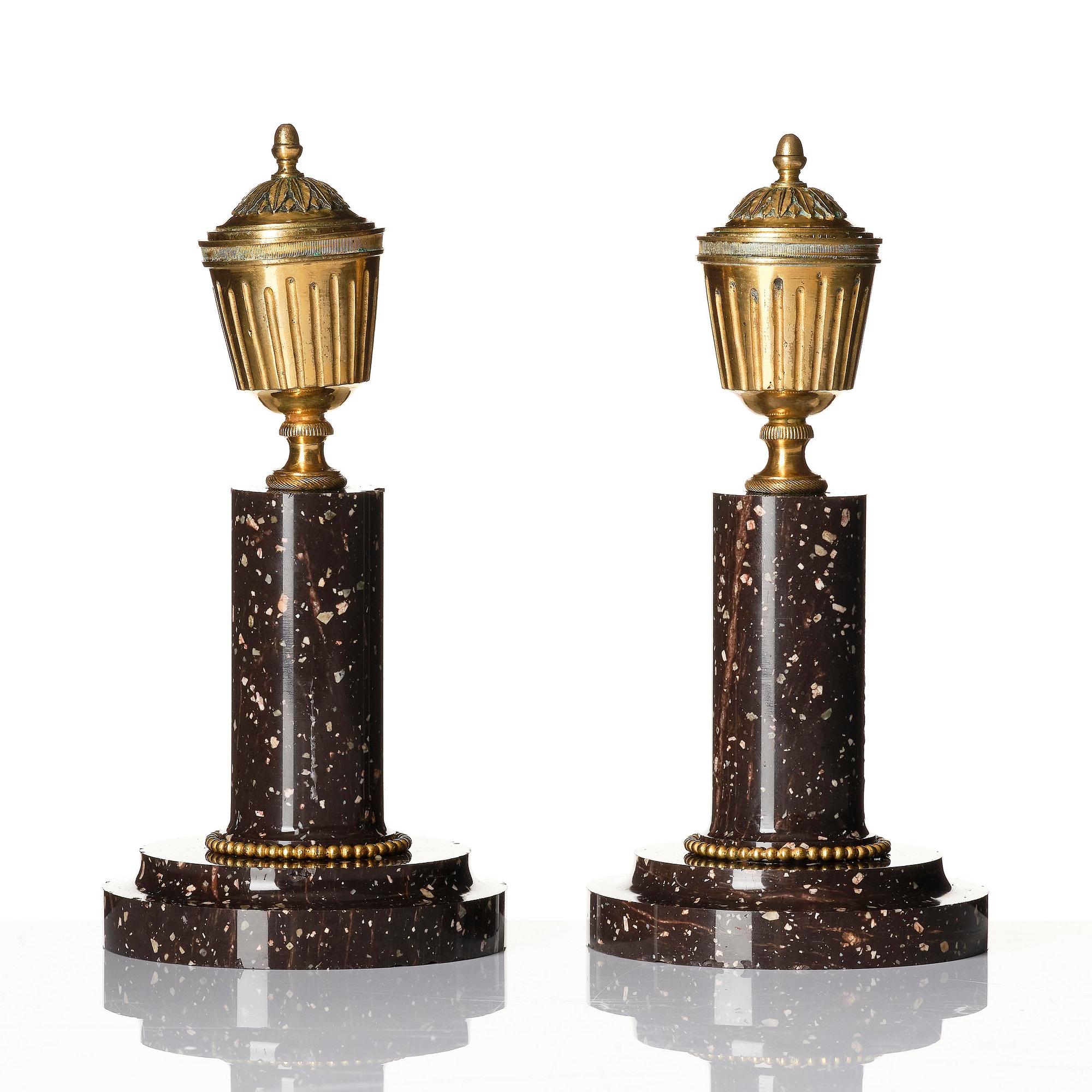 A pair of late Gustavian Swedish porphyry and ormolu cassolettes.