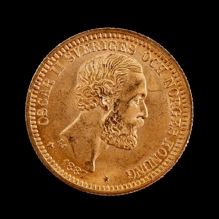 GULDMYNT, Oscar II, 20 kr, 1887. Vikt ca 9 g.