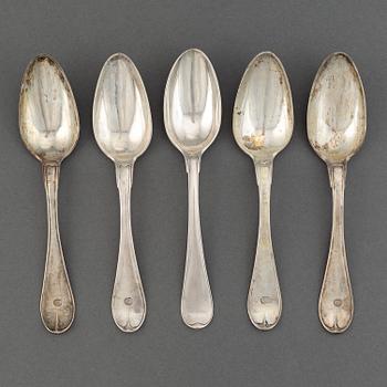 Five Swedish silver spoons, Ulfsberg, Nyköping 1797 and 1811.