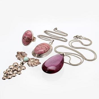 2 pendants with chains, 1 brooch, 1 ring, silver, rodochrosite, aventurine, metall, lilac drop probably glass, 4 pieces.