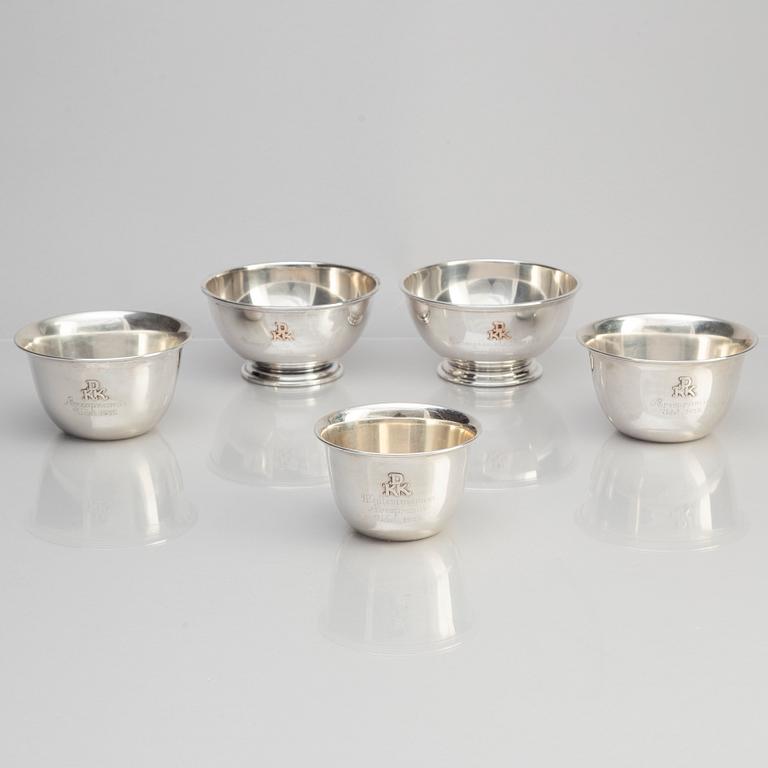 Bowls, 5 pcs, silver, C Holm, Denmark 1930s.